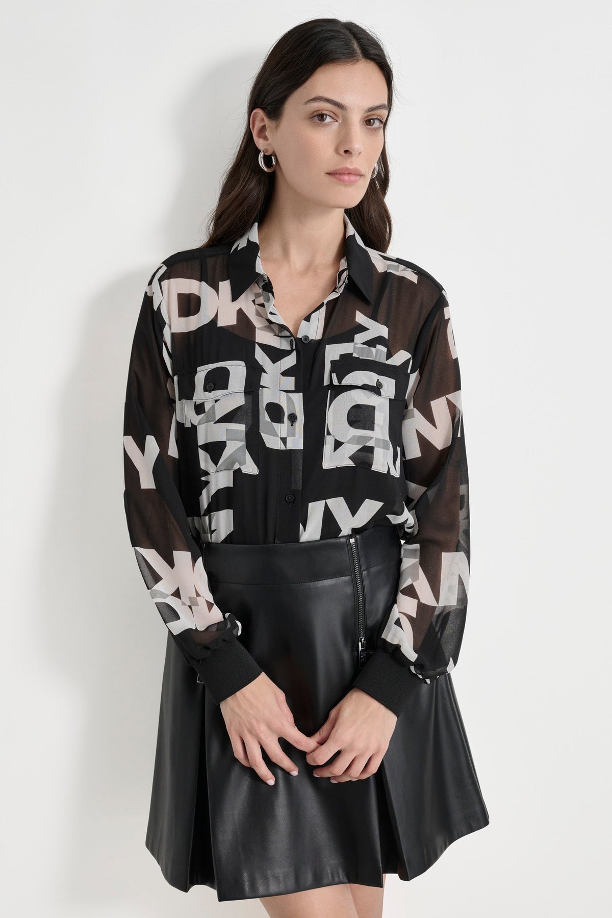 CHIFFON LOGO SHIRT BLACK/IVORY | DKNY