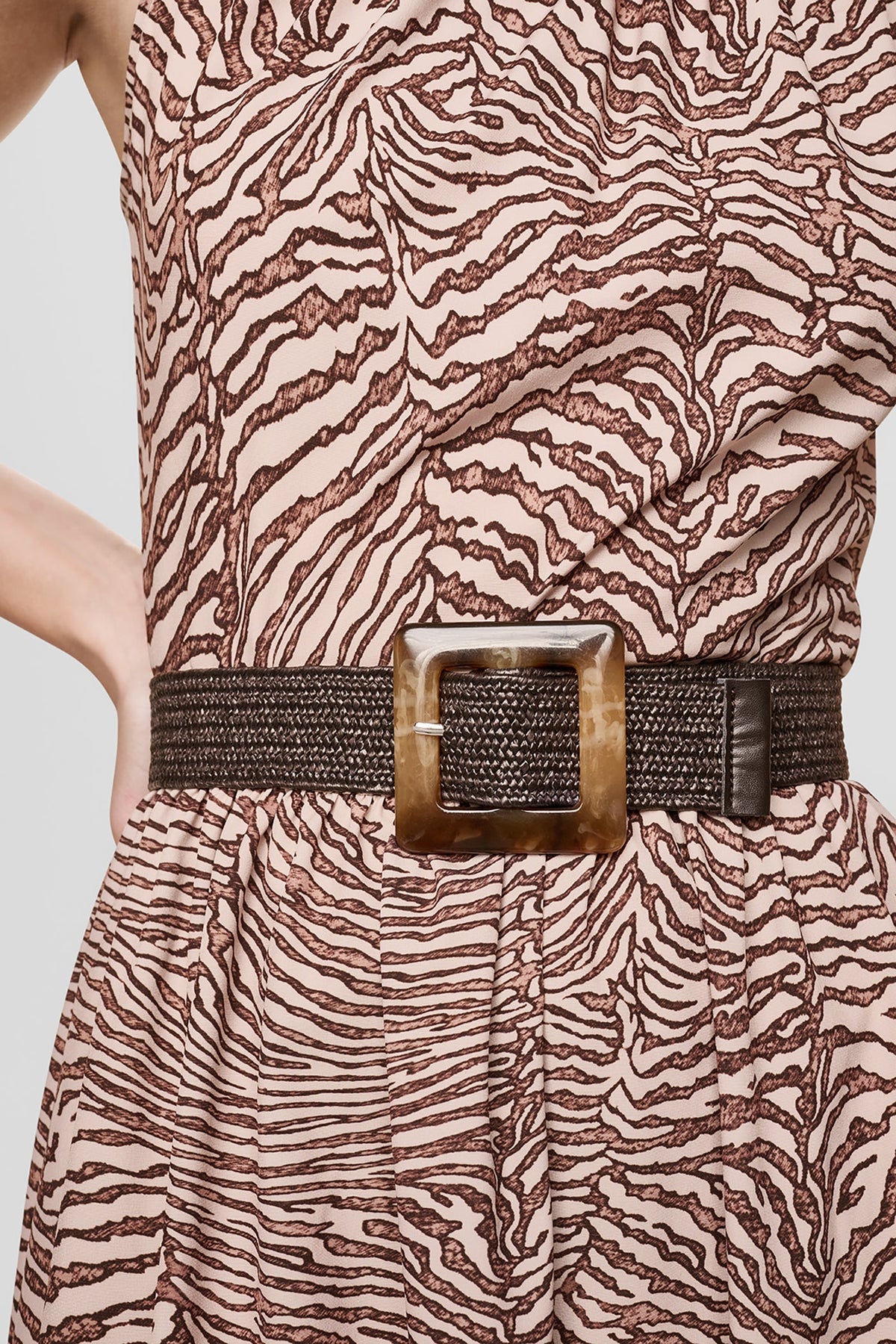 SLEEVELESS DROP-WAIST FIT & FLARE MIDI DRESS Alabaster/Truffle Multi | DKNY