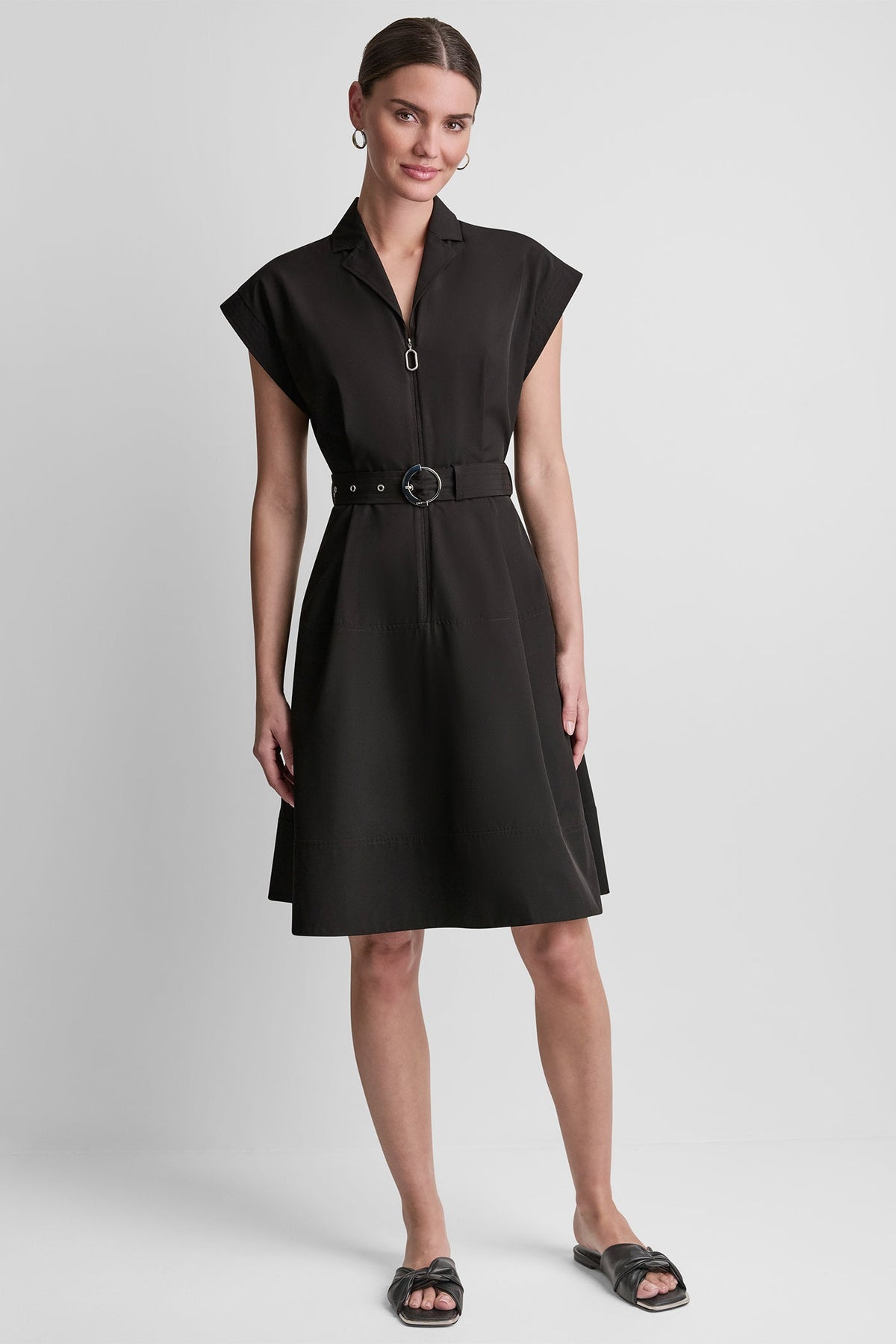 CAP SLEEVE ZIP-FRONT SHIRT DRESS Black | DKNY