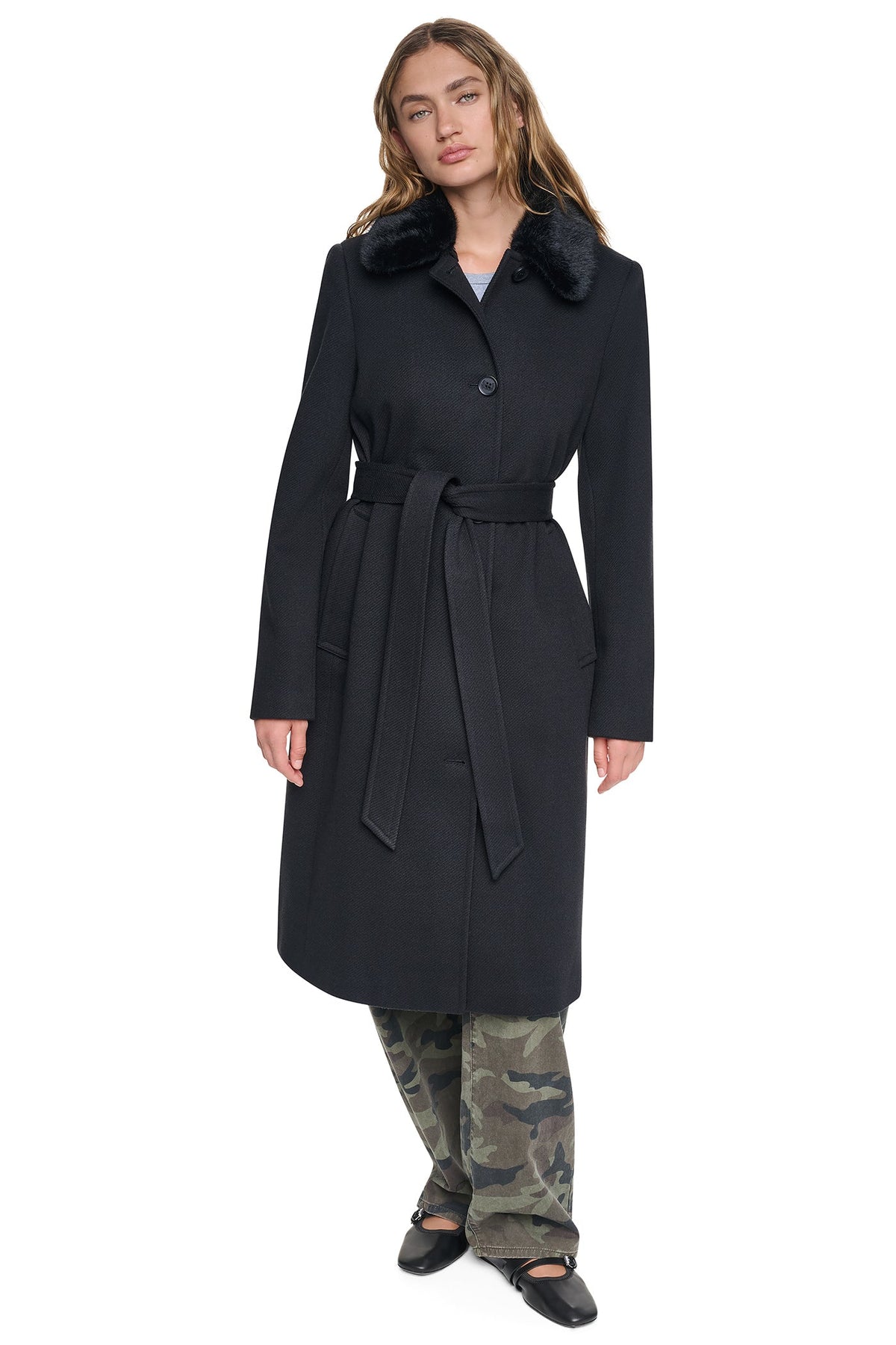 TWILL COAT WITH FUR COLLAR Black | DKNY