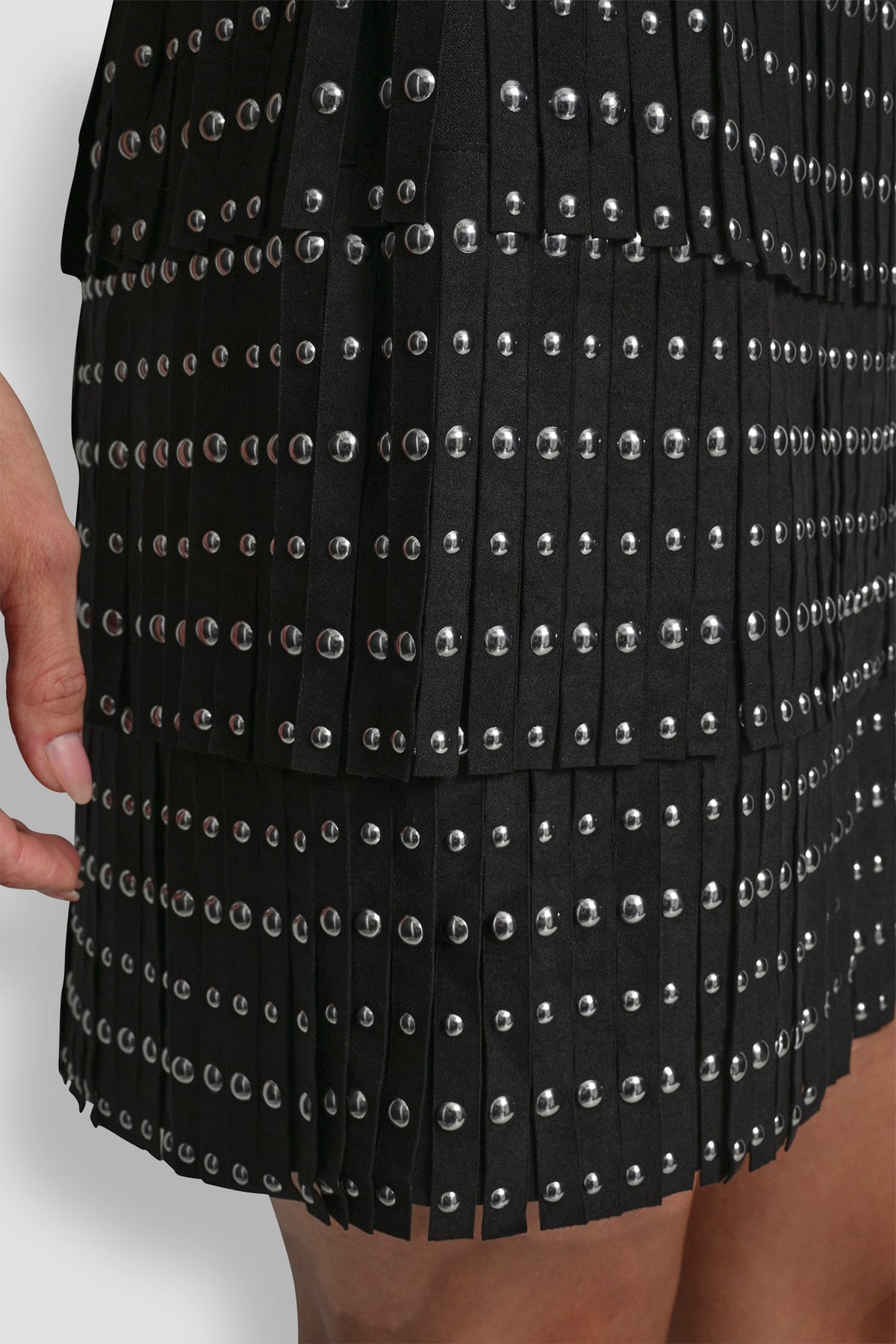 FAUX SUEDE STUDDED FRINGE MINI SKIRT Black | DKNY