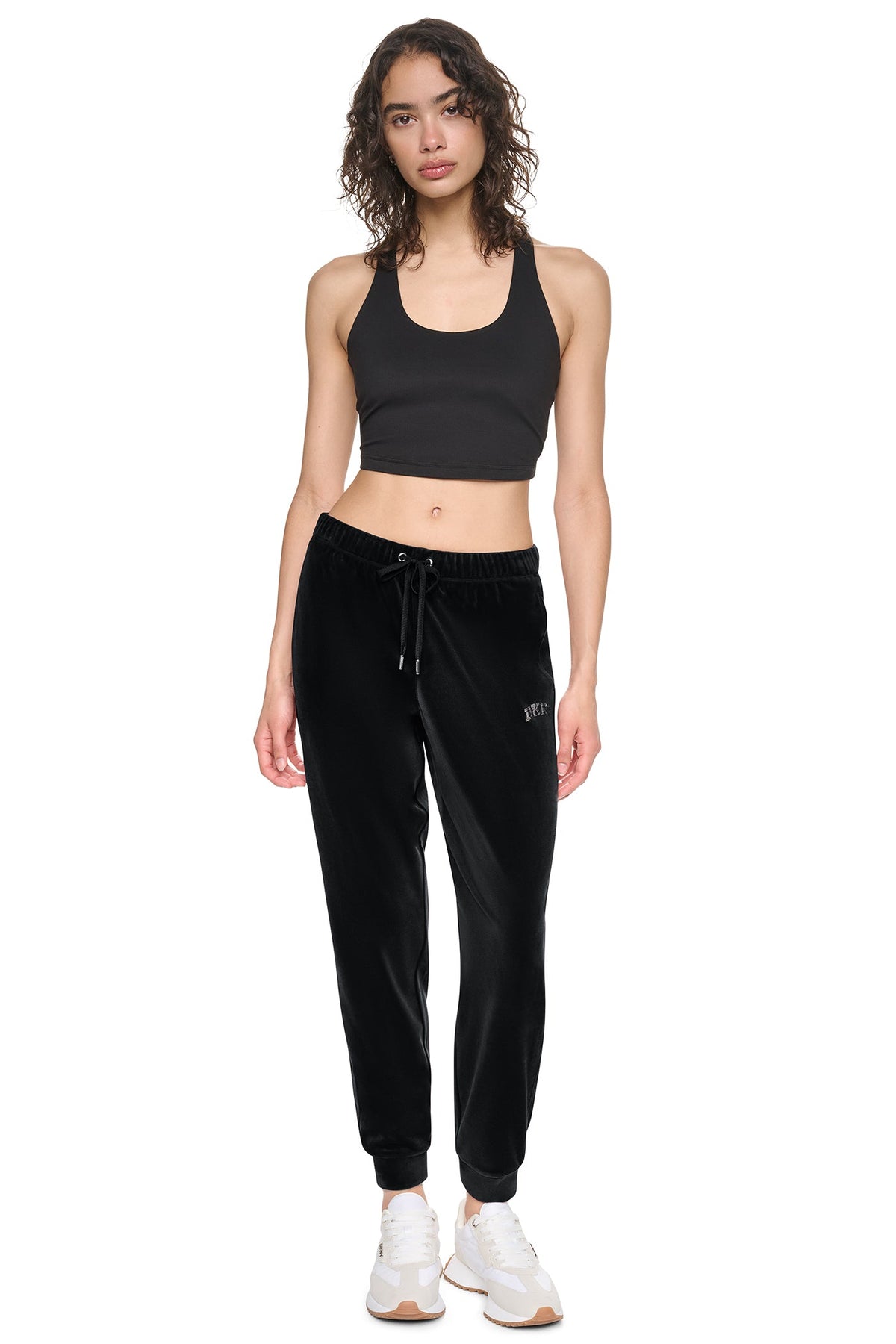 VARSITY VELOUR RHINESTONE LOGO MID-RISE JOGGER Black | DKNY