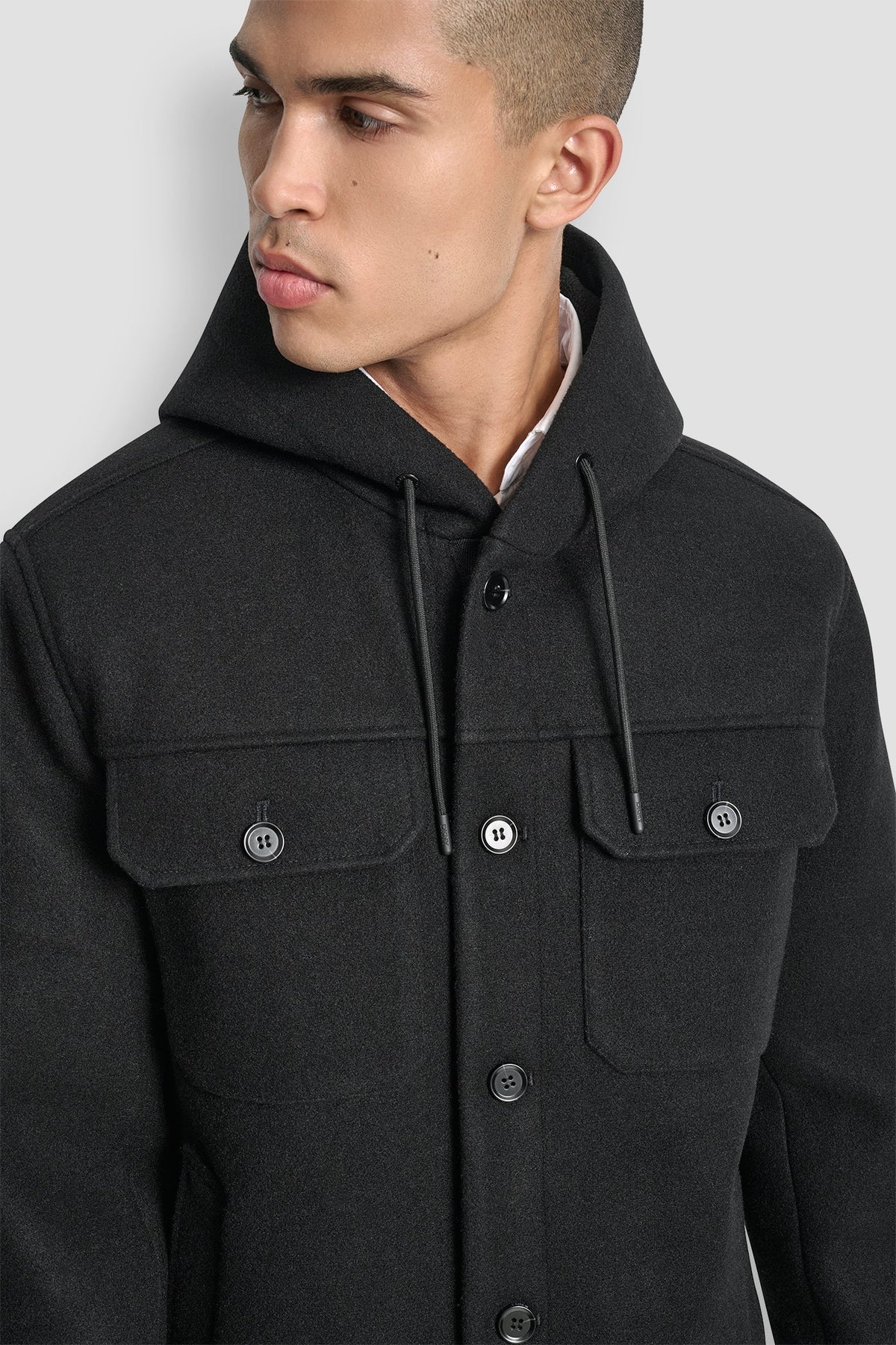 FAUX WOOL HOODED SHIRT JACKET Black | DKNY