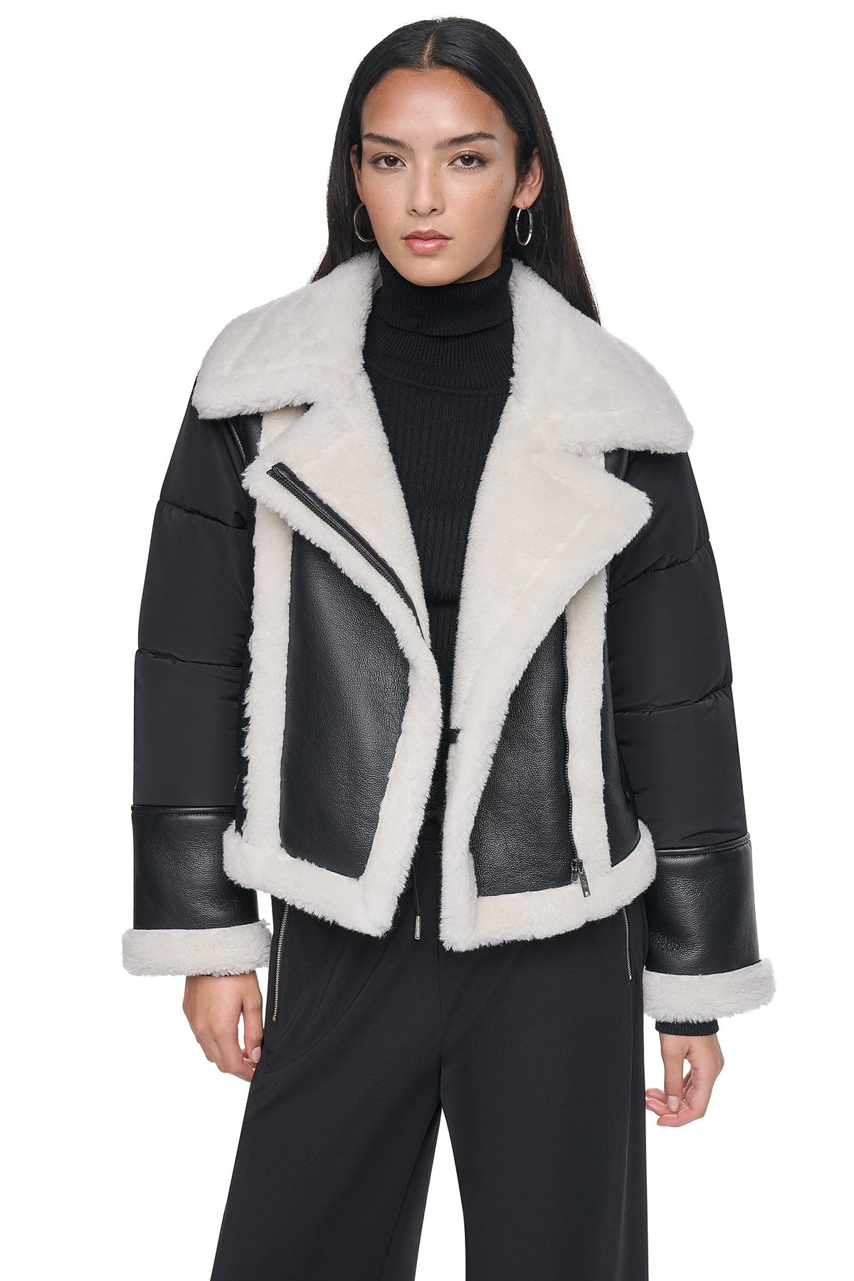 PUFF SLEEVE FAUX SHEARLING JACKET Black/Black | DKNY