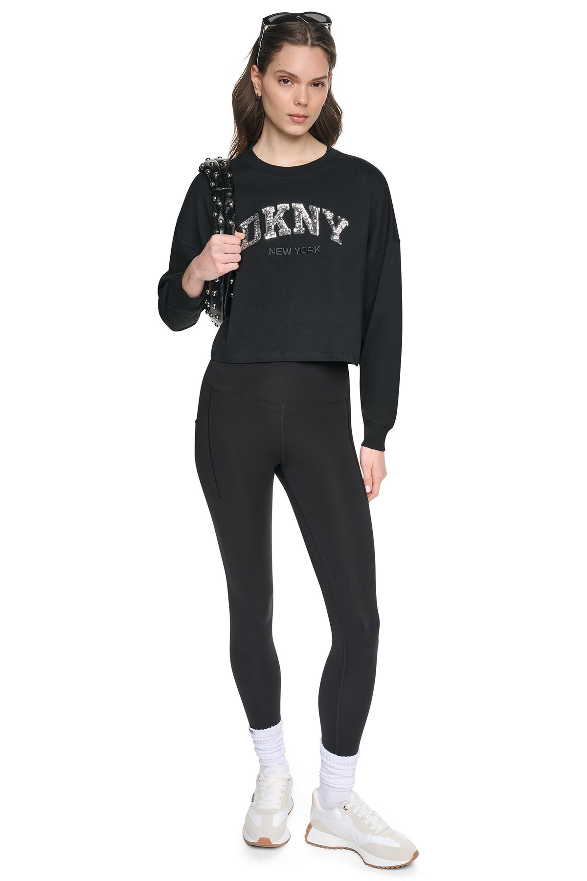 CROPPED SEQUIN VARSITY LOGO TEE Cortado Heather/Silver | DKNY