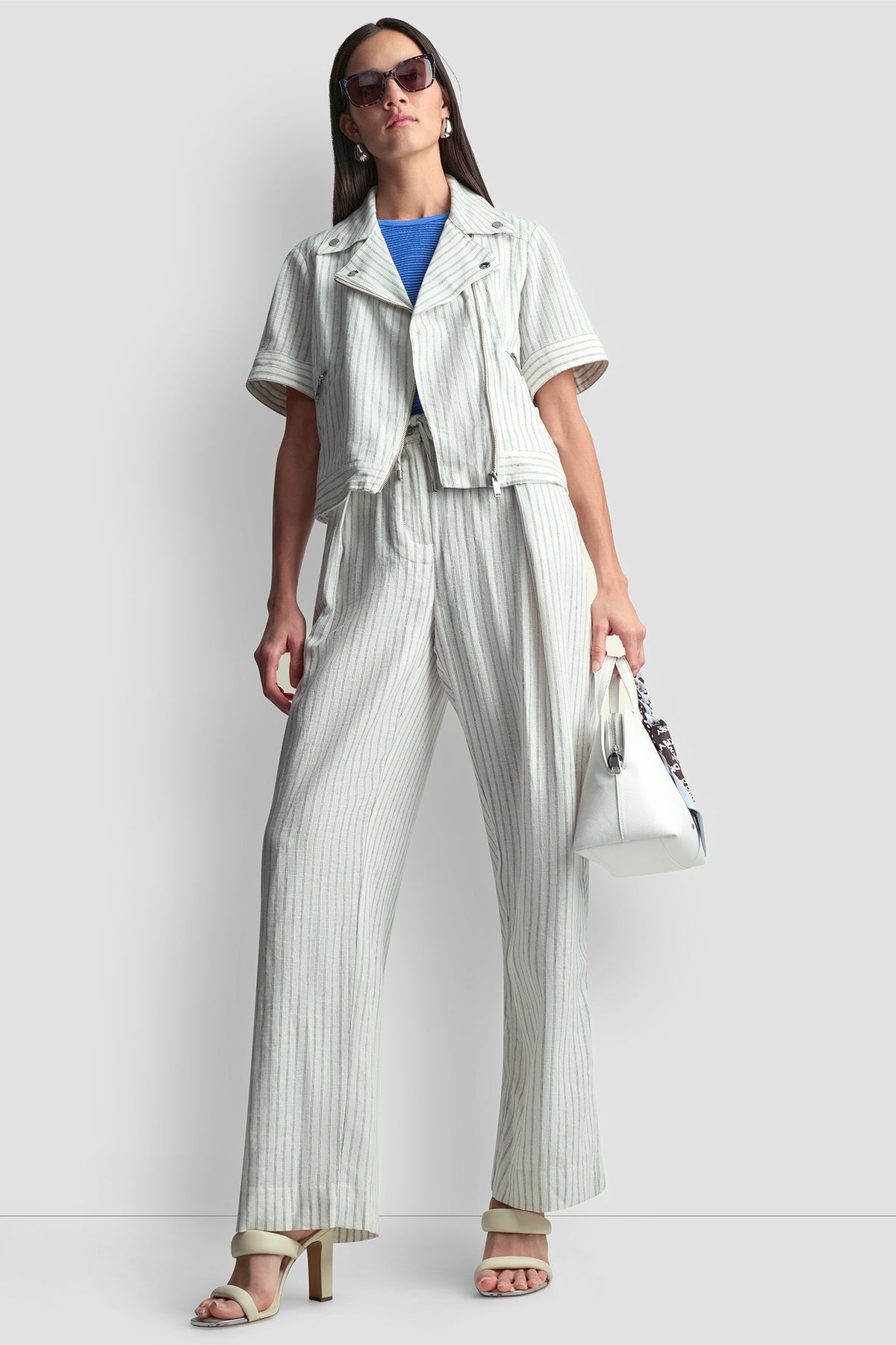 PINSTRIPE SHORT SLEEVE MOTO JACKET Ivory/Admiral | DKNY