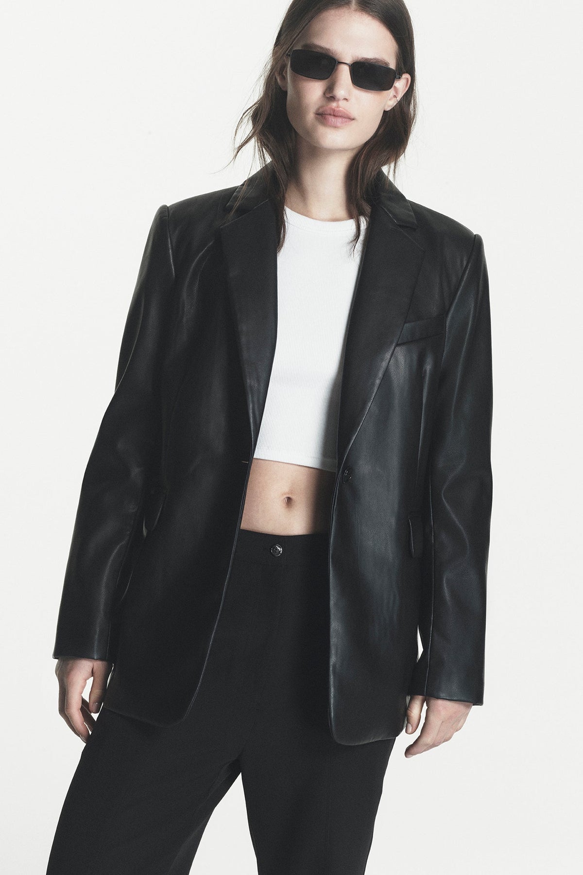 FAUX LEATHER ONE BUTTON BLAZER Black | DKNY