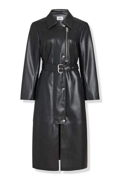 FAUX LEATHER BELTED TRENCH Black | DKNY