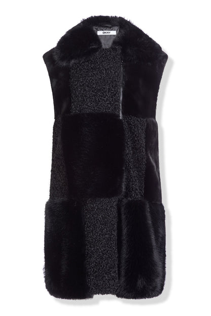 PATCH FAUX FUR LONG VEST Black | DKNY