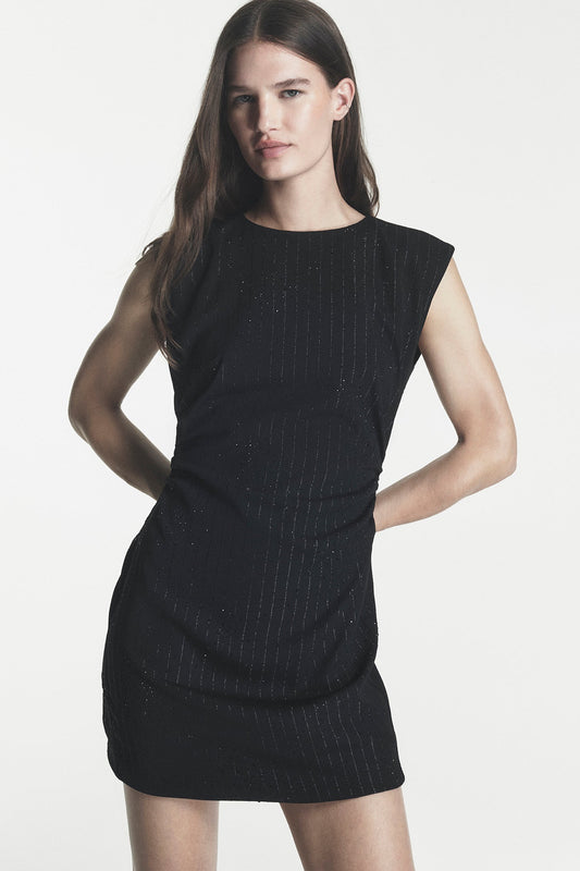 SIDE RUCHED PINSTRIPE DRESS Black/Black | DKNY