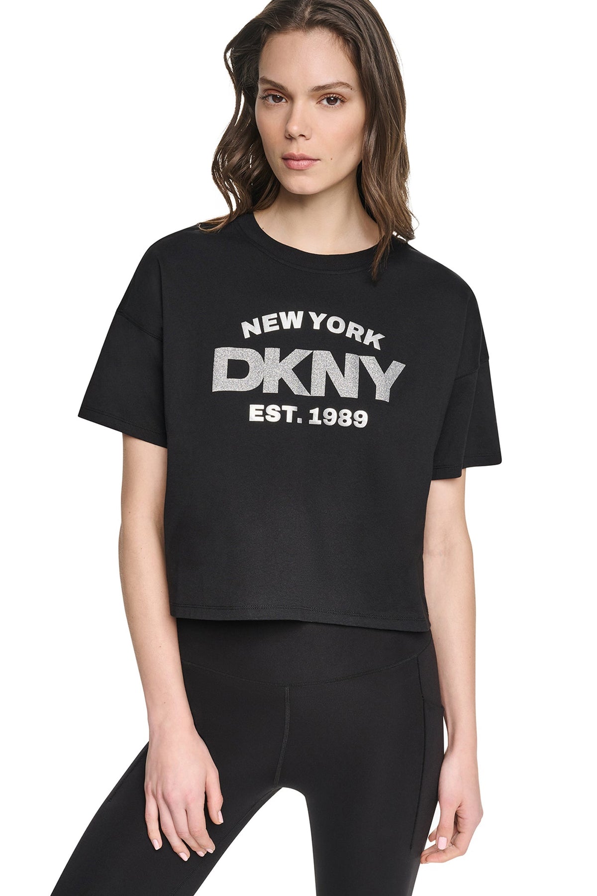 CROPPED METALLIC LOGO TEE Peacoat/Silver | DKNY