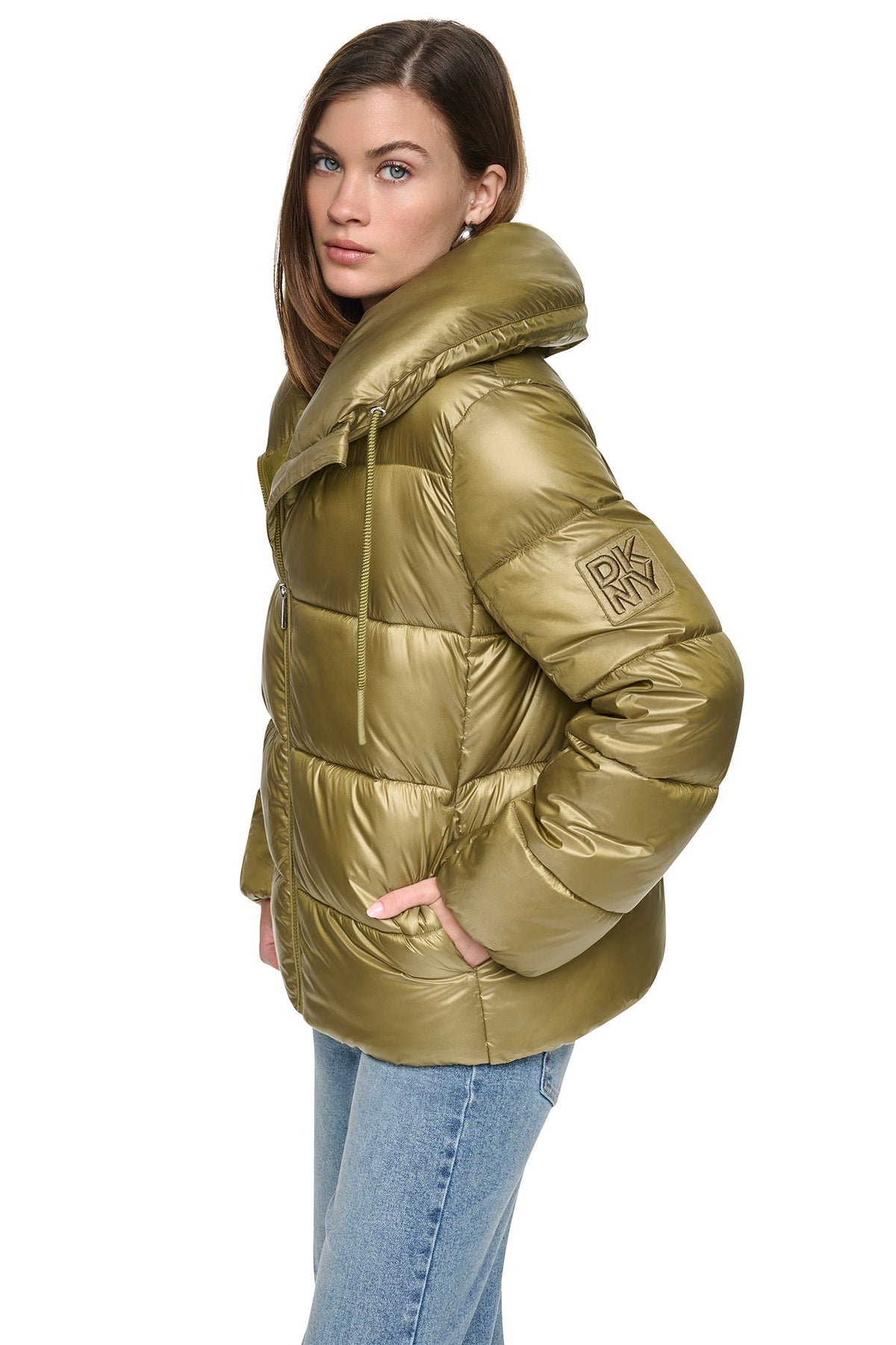 QUILTED PUFFER WITH DRAMA COLLAR Metallic Espresso | DKNY