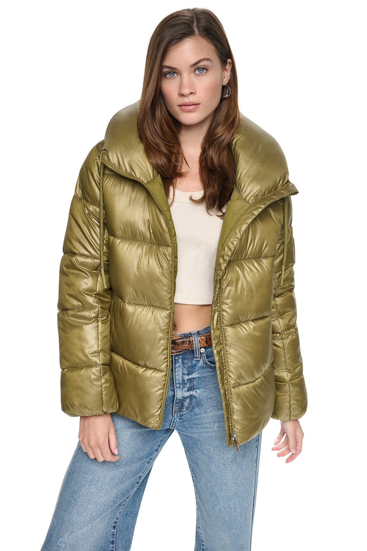 QUILTED PUFFER WITH DRAMA COLLAR Metallic Espresso | DKNY