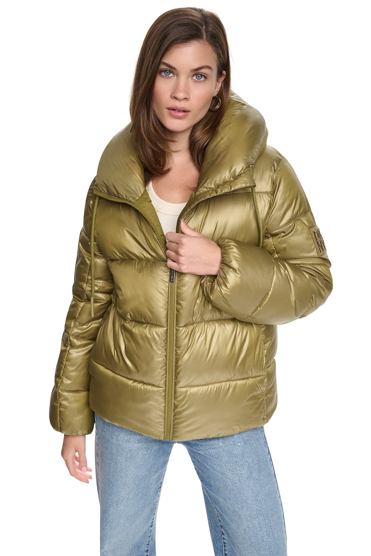 QUILTED PUFFER WITH DRAMA COLLAR Metallic Black | DKNY