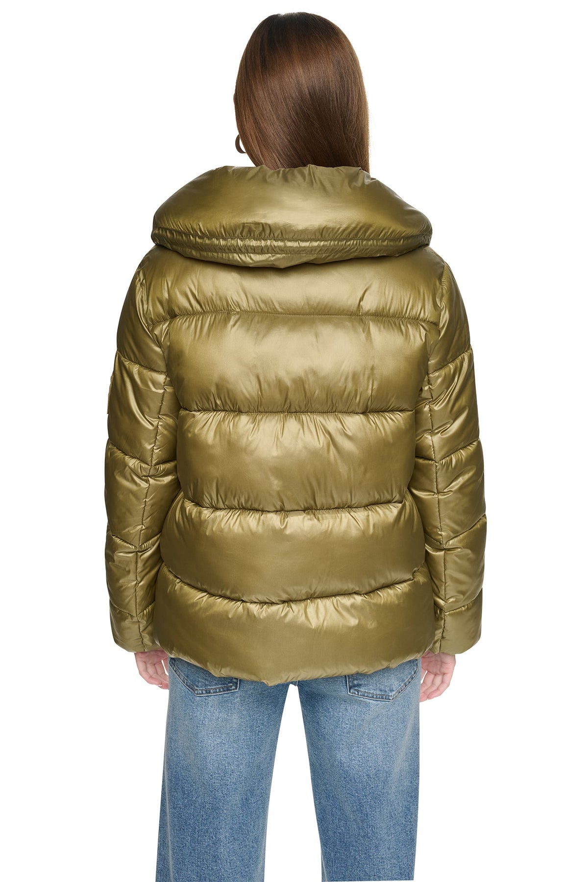 QUILTED PUFFER WITH DRAMA COLLAR Metallic Black | DKNY