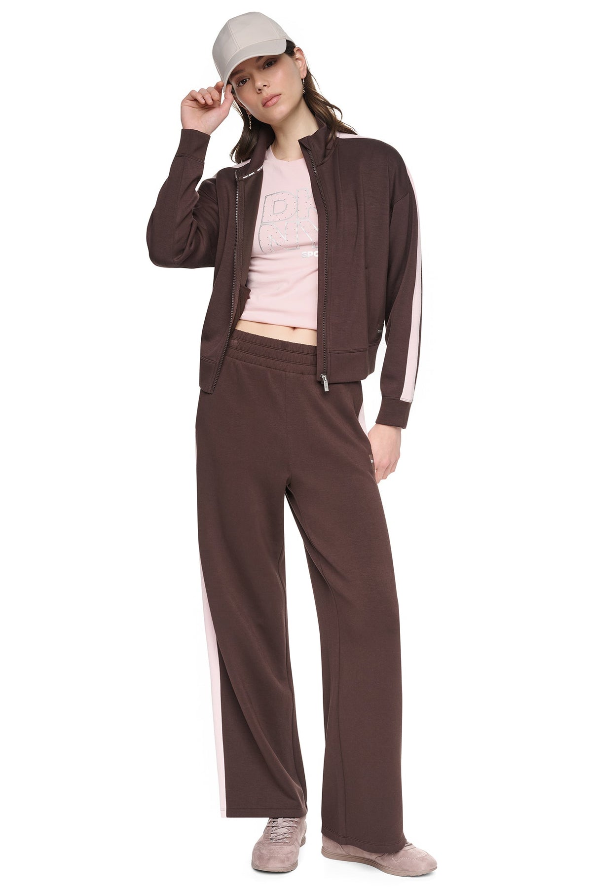 SIDE STRIPE FULL ZIP JACKET Espresso/Blush Pink | DKNY