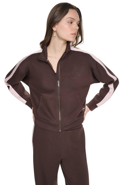 SIDE STRIPE FULL ZIP JACKET Espresso/Blush Pink | DKNY