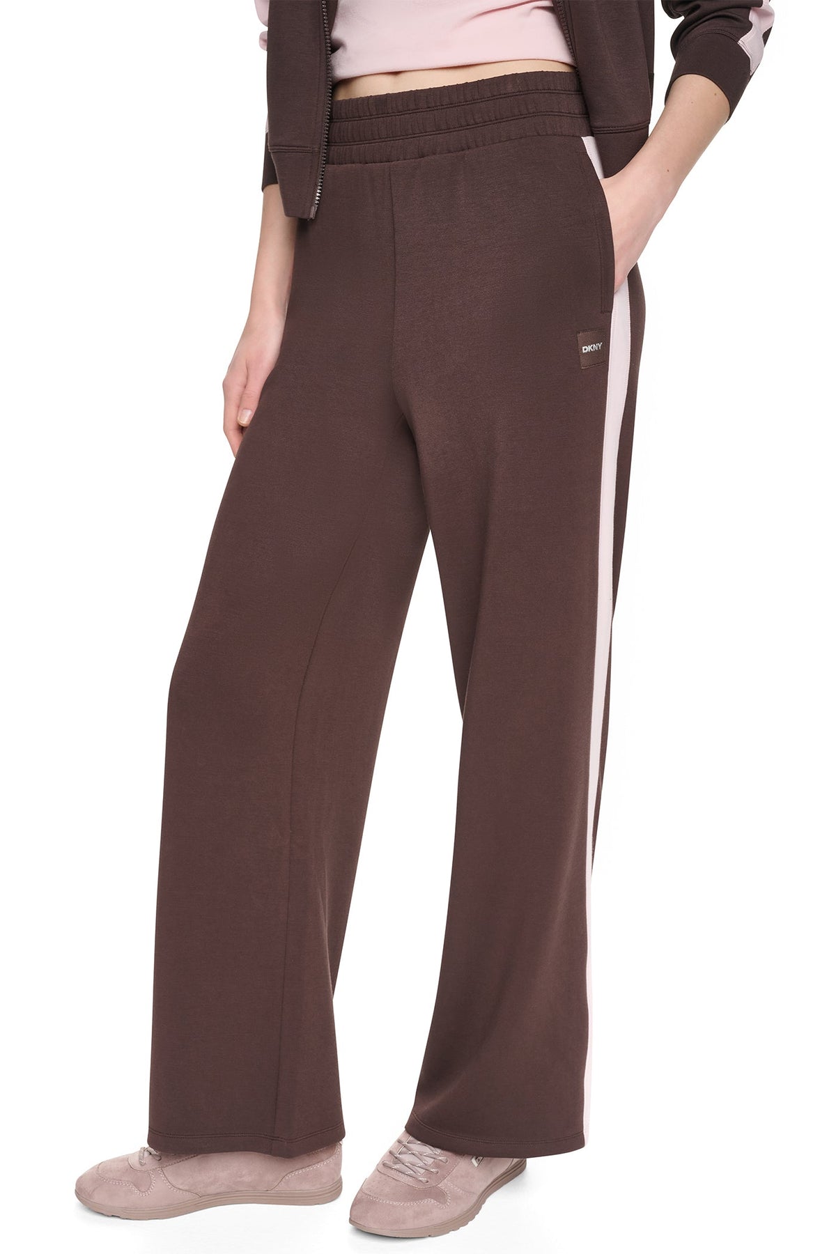HIGH-RISE SIDE STRIPE WIDE-LEG PANT Espresso/Blush Pink | DKNY