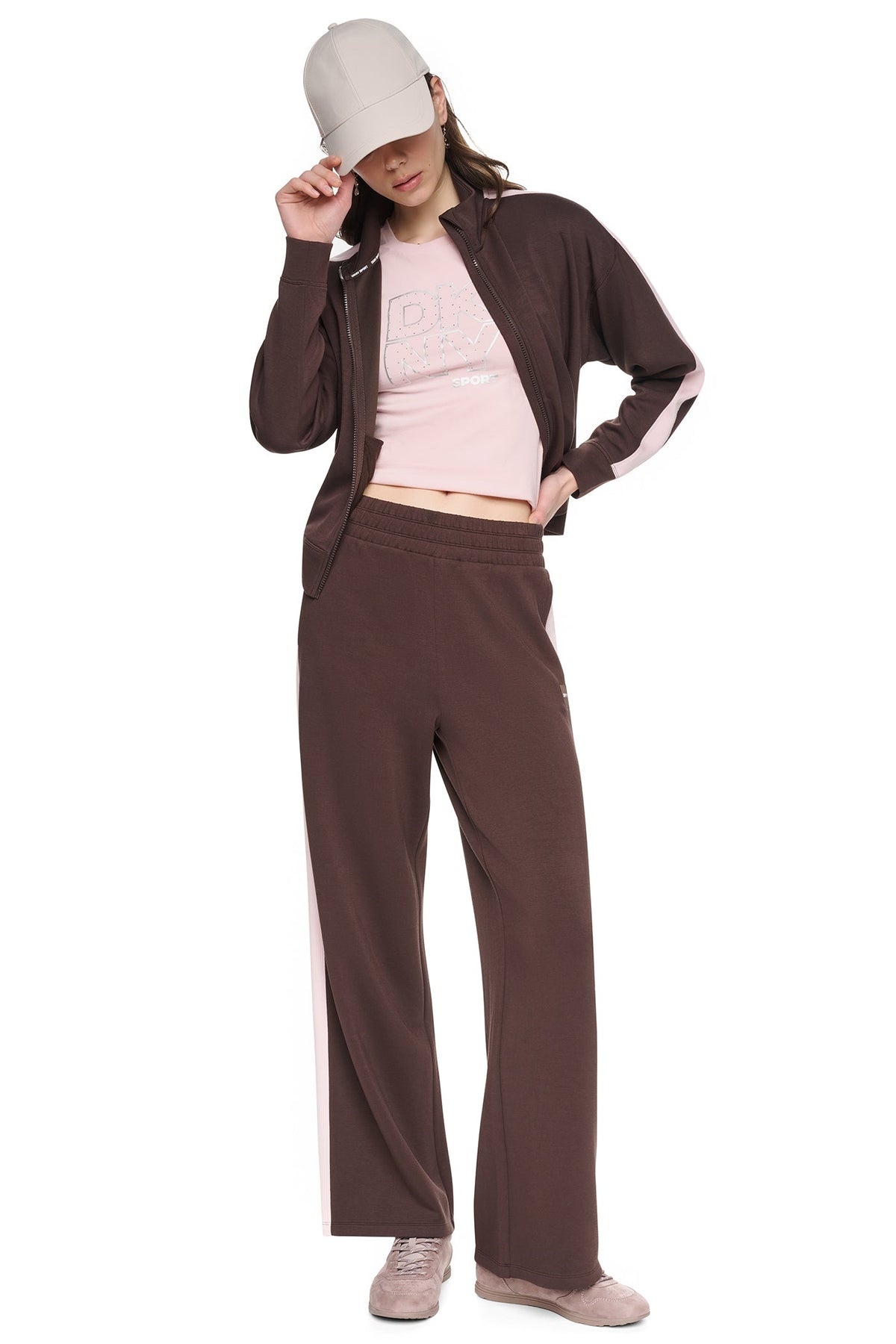 HIGH-RISE SIDE STRIPE WIDE-LEG PANT Espresso/Blush Pink | DKNY