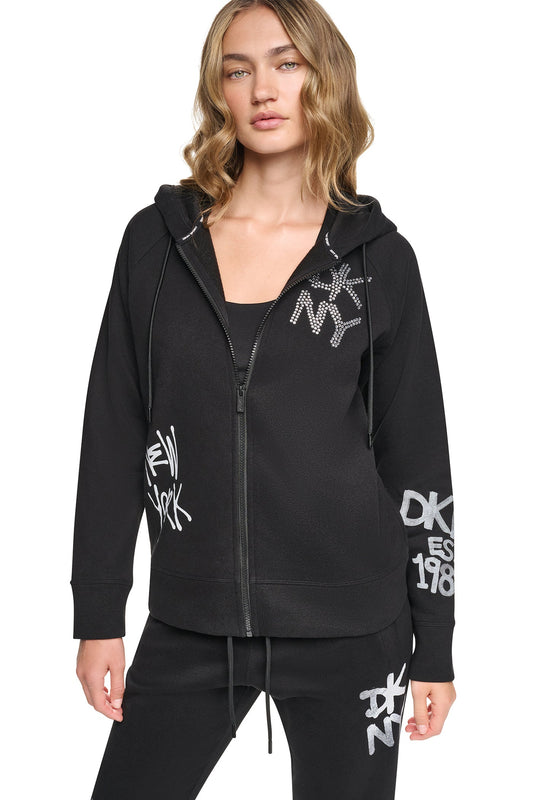 GRAFFITI RHINESTONE FULL-ZIP HOODIE Black | DKNY