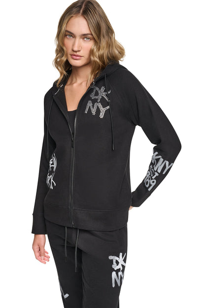GRAFFITI RHINESTONE FULL-ZIP HOODIE Black | DKNY