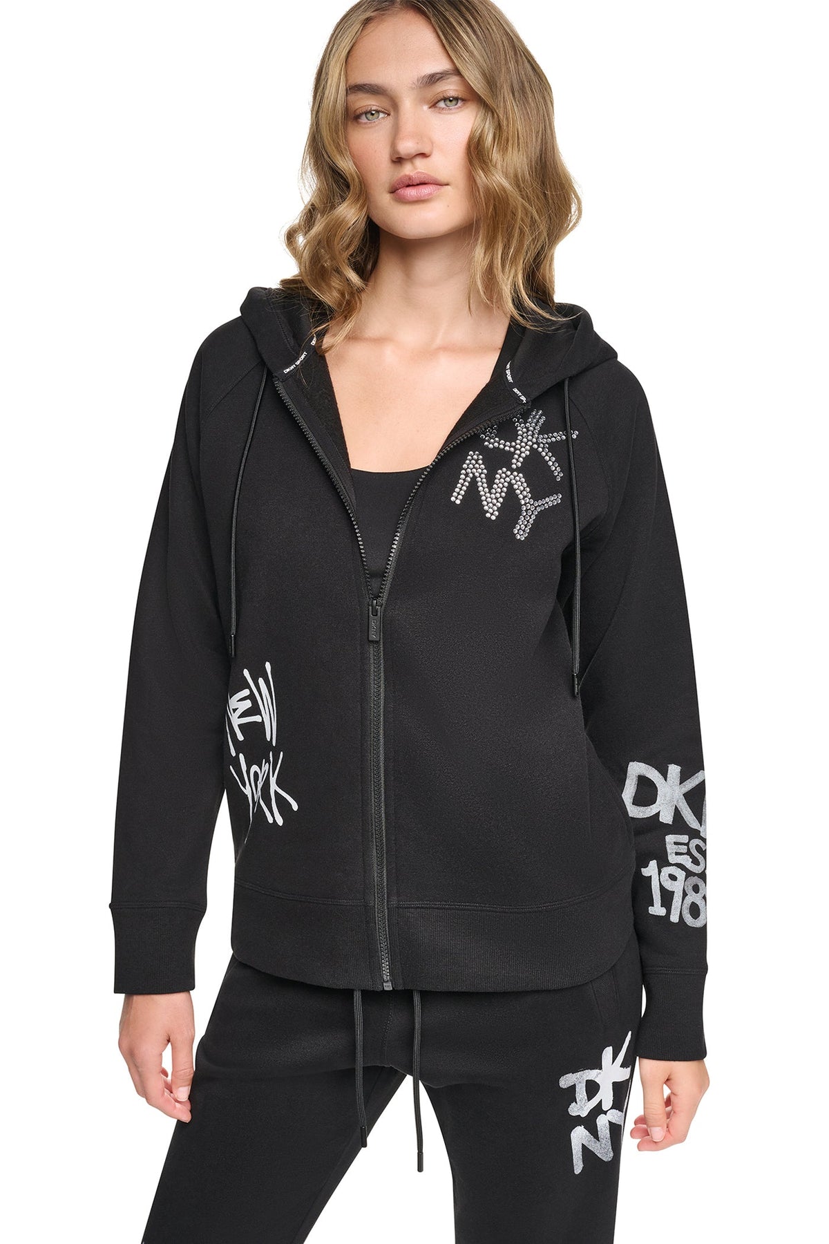 GRAFFITI RHINESTONE FULL-ZIP HOODIE Pearl Grey Heather | DKNY