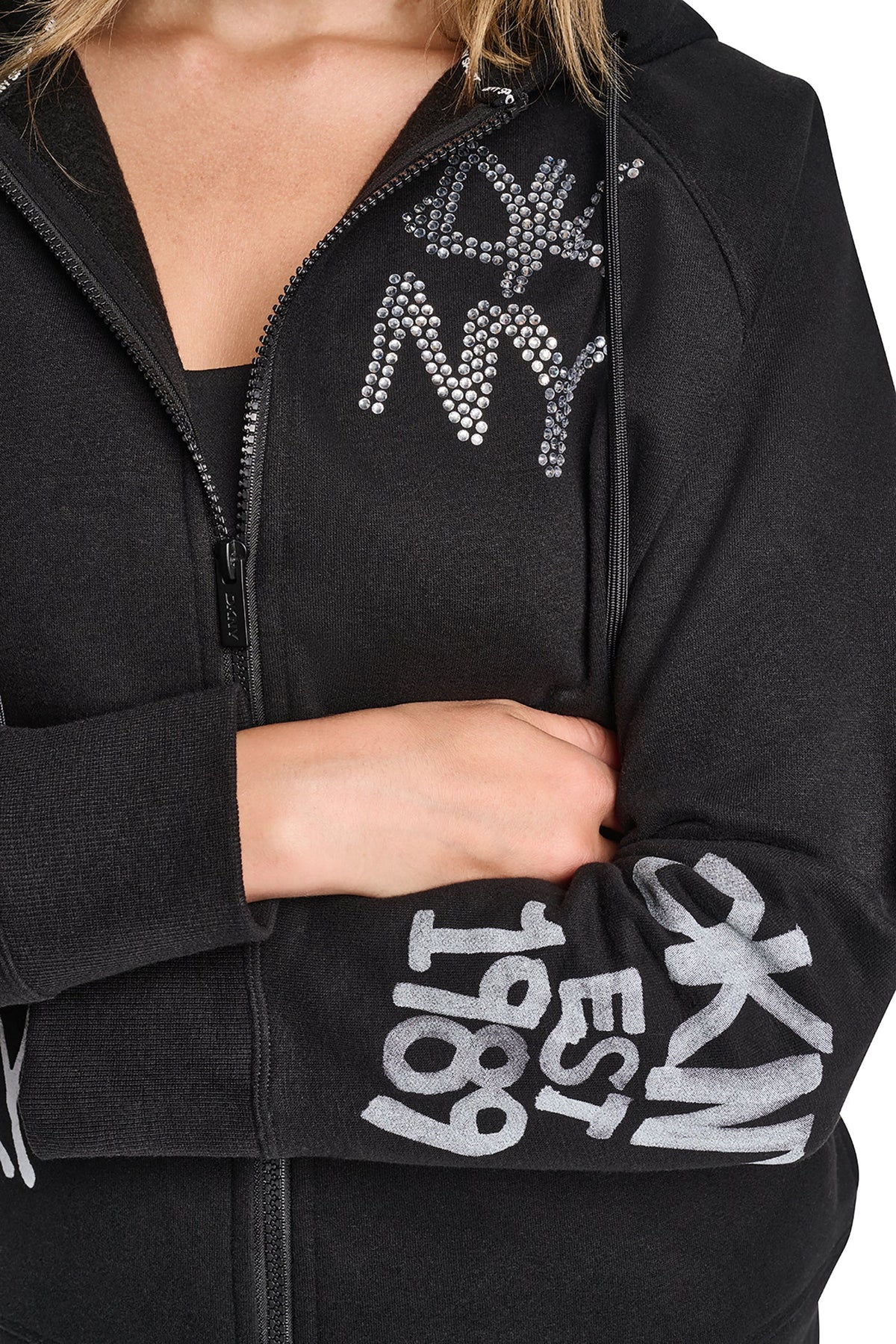 GRAFFITI RHINESTONE FULL-ZIP HOODIE Pearl Grey Heather | DKNY