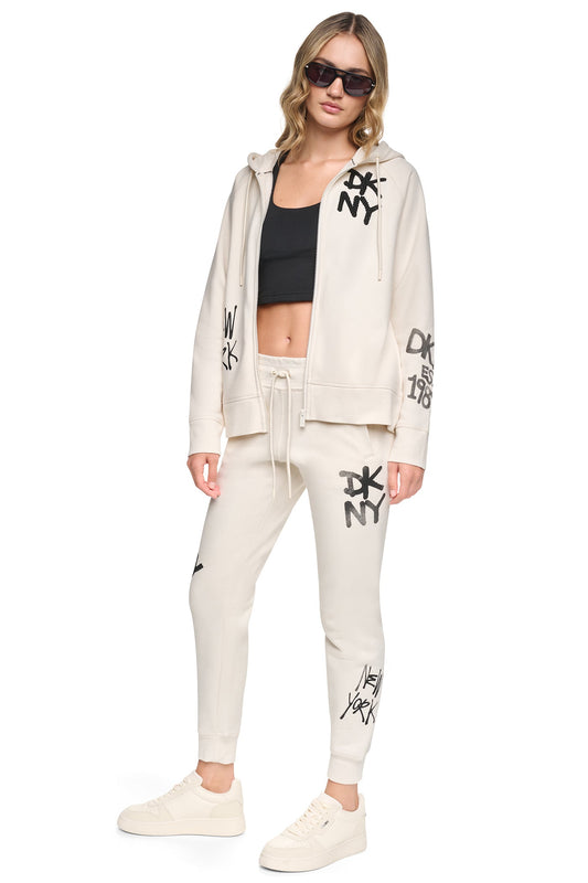 MID-RISE GRAFFITI RHINESTONE LOGO JOGGER Pearl Grey Heather | DKNY