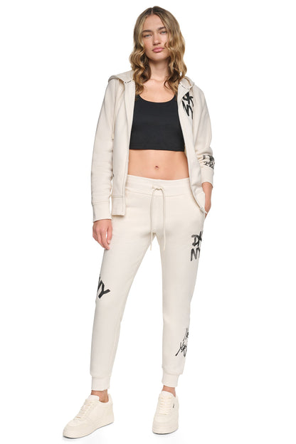 MID-RISE GRAFFITI RHINESTONE LOGO JOGGER Pearl Grey Heather | DKNY