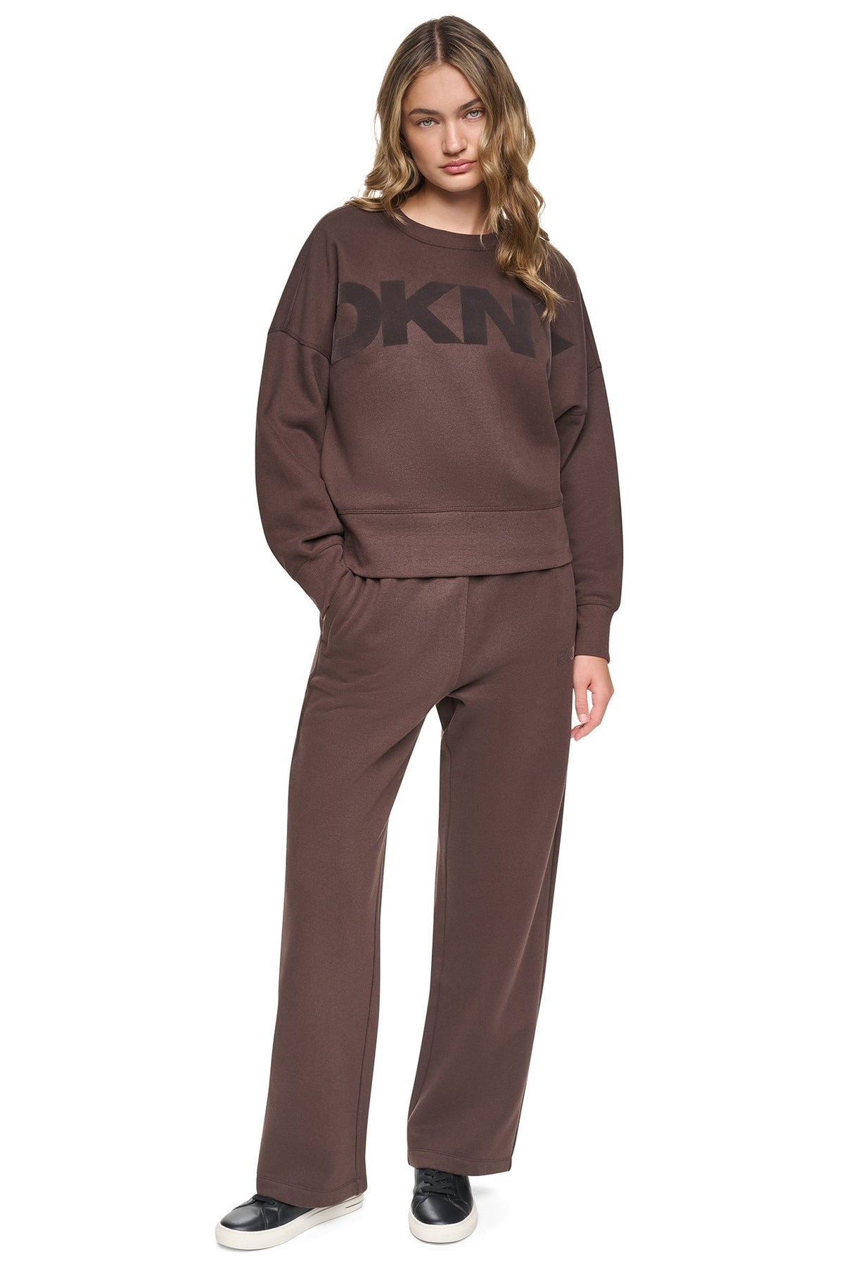 FLOCKED VARSITY LOGO SWEATSHIRT Blush Pink/Espresso | DKNY