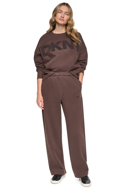 HIGH RISE FLOCKED LOGO RELAXED PANT Black/Black | DKNY