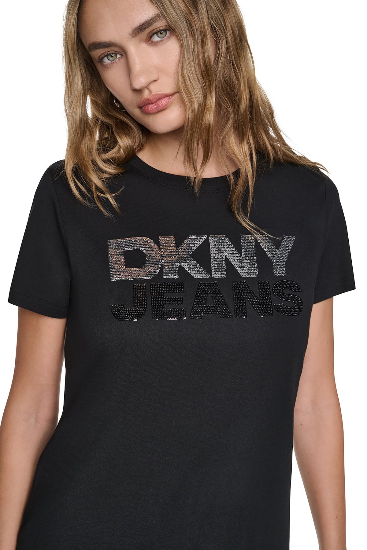 SEQUIN STACKED LOGO TEE Espresso/Espresso | DKNY
