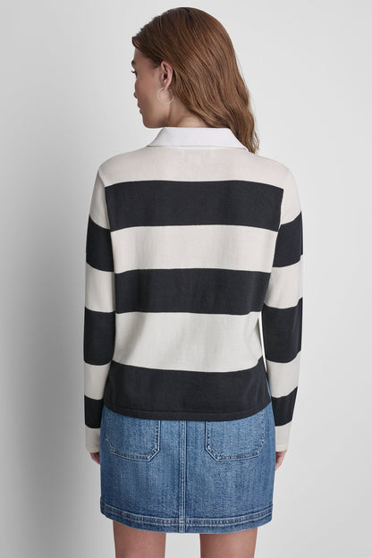 LONG SLEEVE STRIPE POLO Black/Eggnog | DKNY