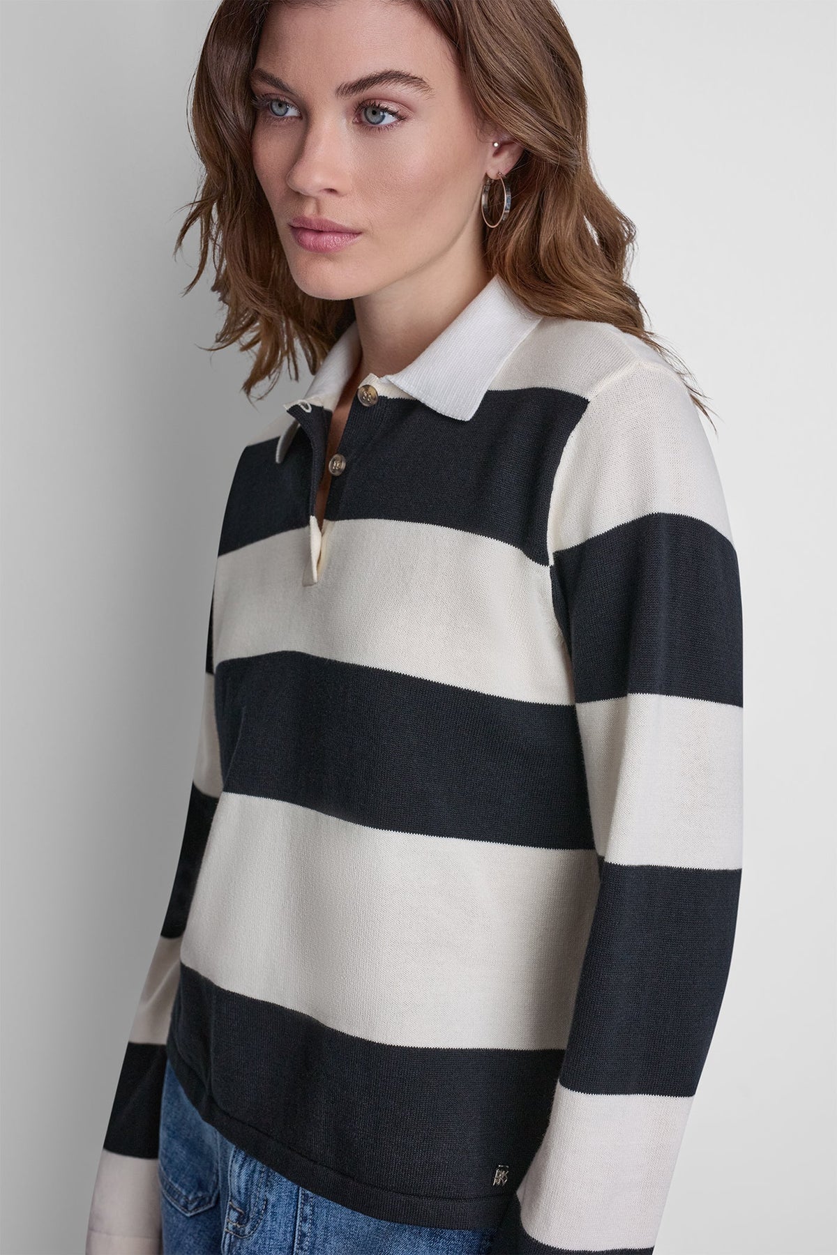 LONG SLEEVE STRIPE POLO Black/Eggnog | DKNY