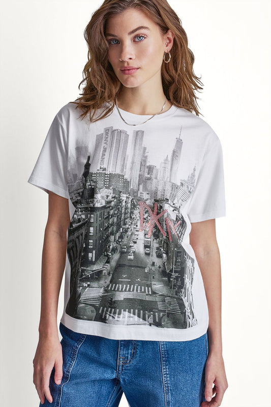 DKNY RHINESTONE NY STREETS LOGO TEE White/Black Punch | DKNY