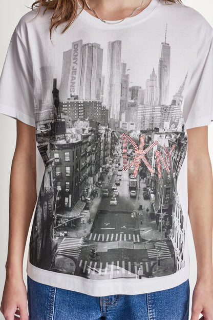 DKNY RHINESTONE NY STREETS LOGO TEE White/Black Punch | DKNY