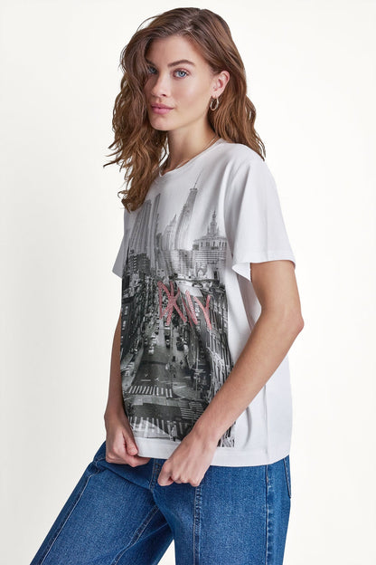 DKNY RHINESTONE NY STREETS LOGO TEE White/Black Punch | DKNY