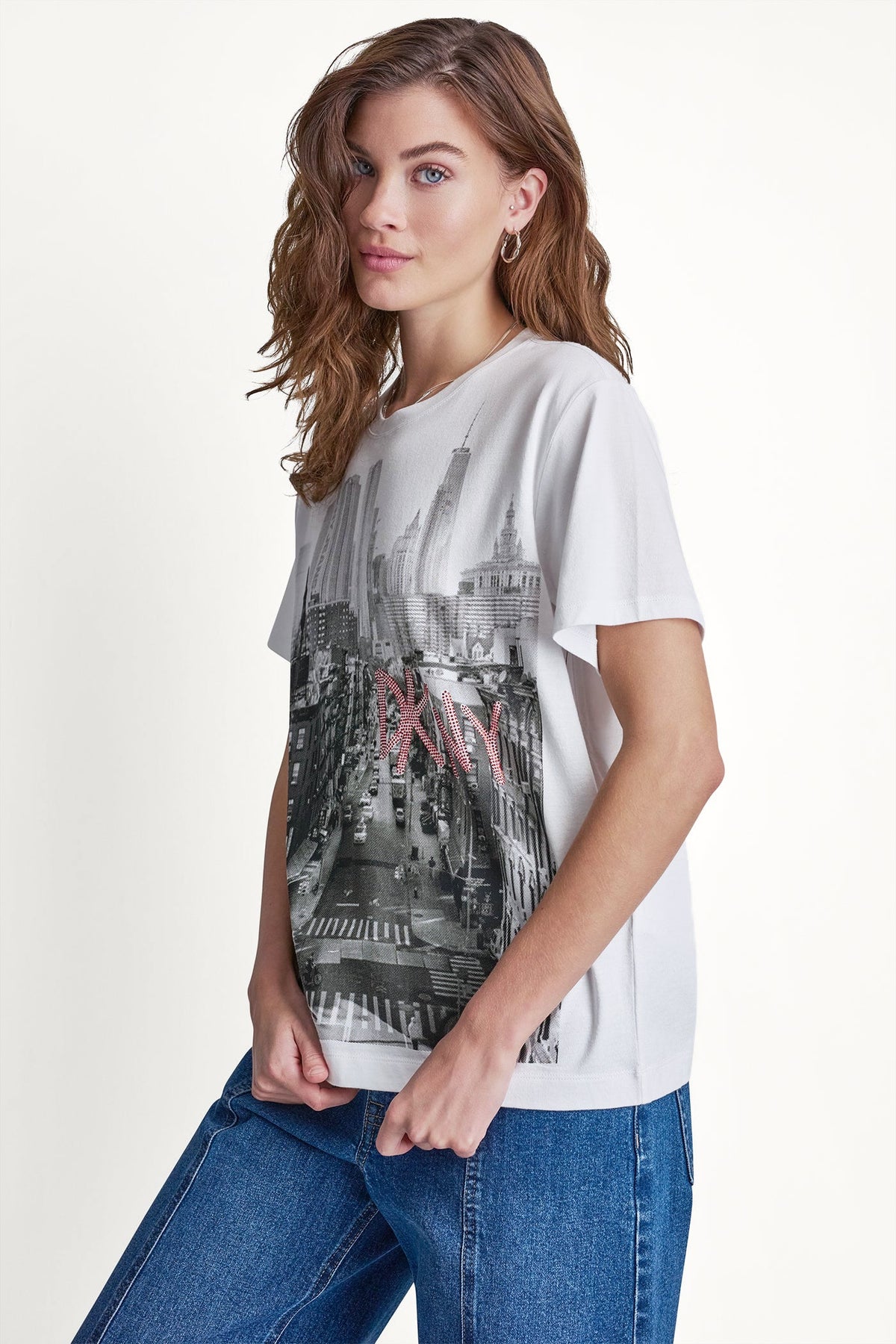 DKNY RHINESTONE NY STREETS LOGO TEE White/Black Punch | DKNY