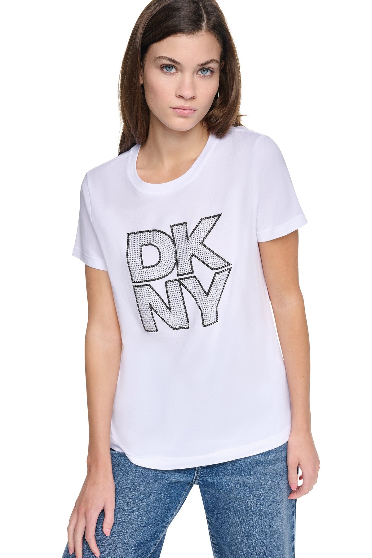 CRYSTAL DISTRESSED LOGO TEE Chestnut/Black Smoked Top | DKNY