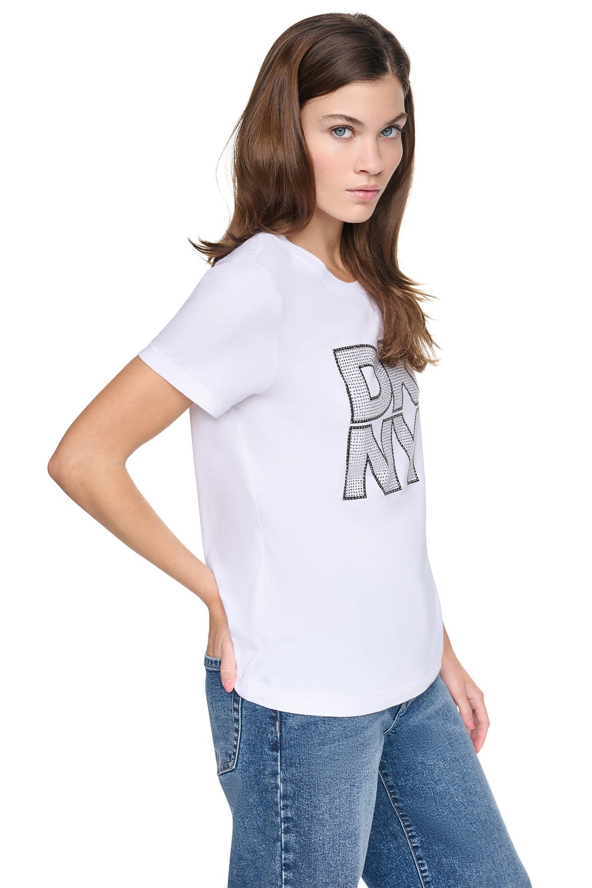 CRYSTAL DISTRESSED LOGO TEE Chestnut/Black Smoked Top | DKNY