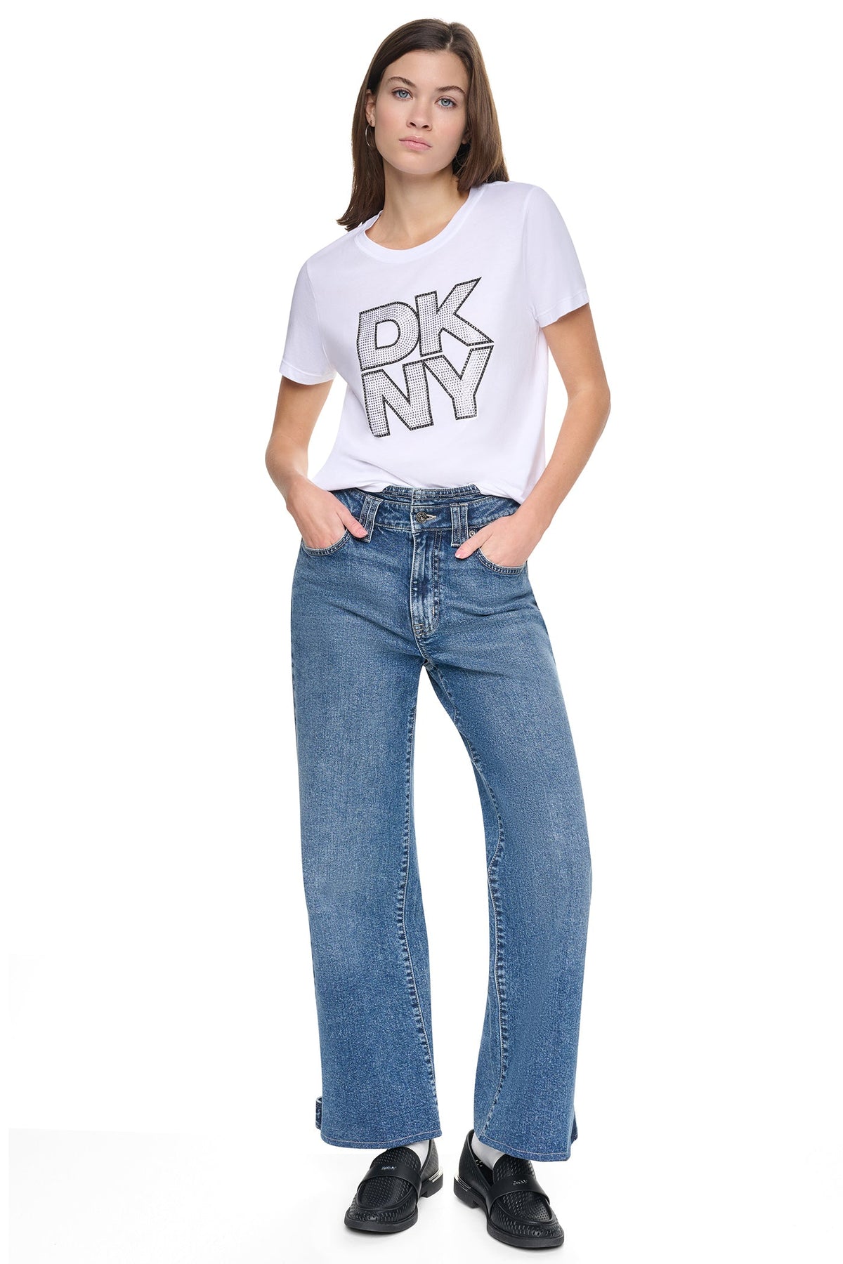 CRYSTAL DISTRESSED LOGO TEE Chestnut/Black Smoked Top | DKNY