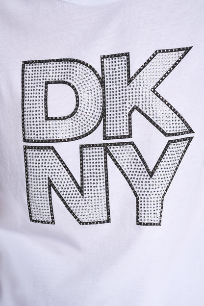 CRYSTAL DISTRESSED LOGO TEE Chestnut/Black Smoked Top | DKNY