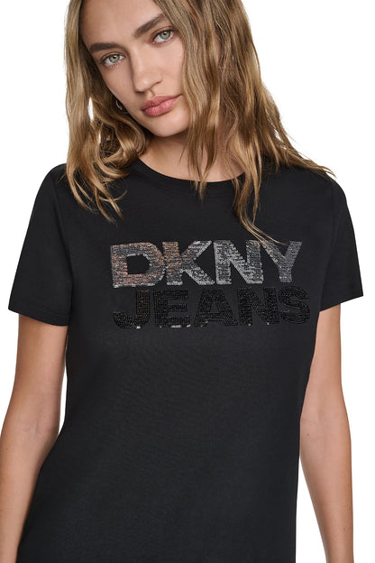 SEQUIN STACKED LOGO TEE Eggnog/Espresso | DKNY