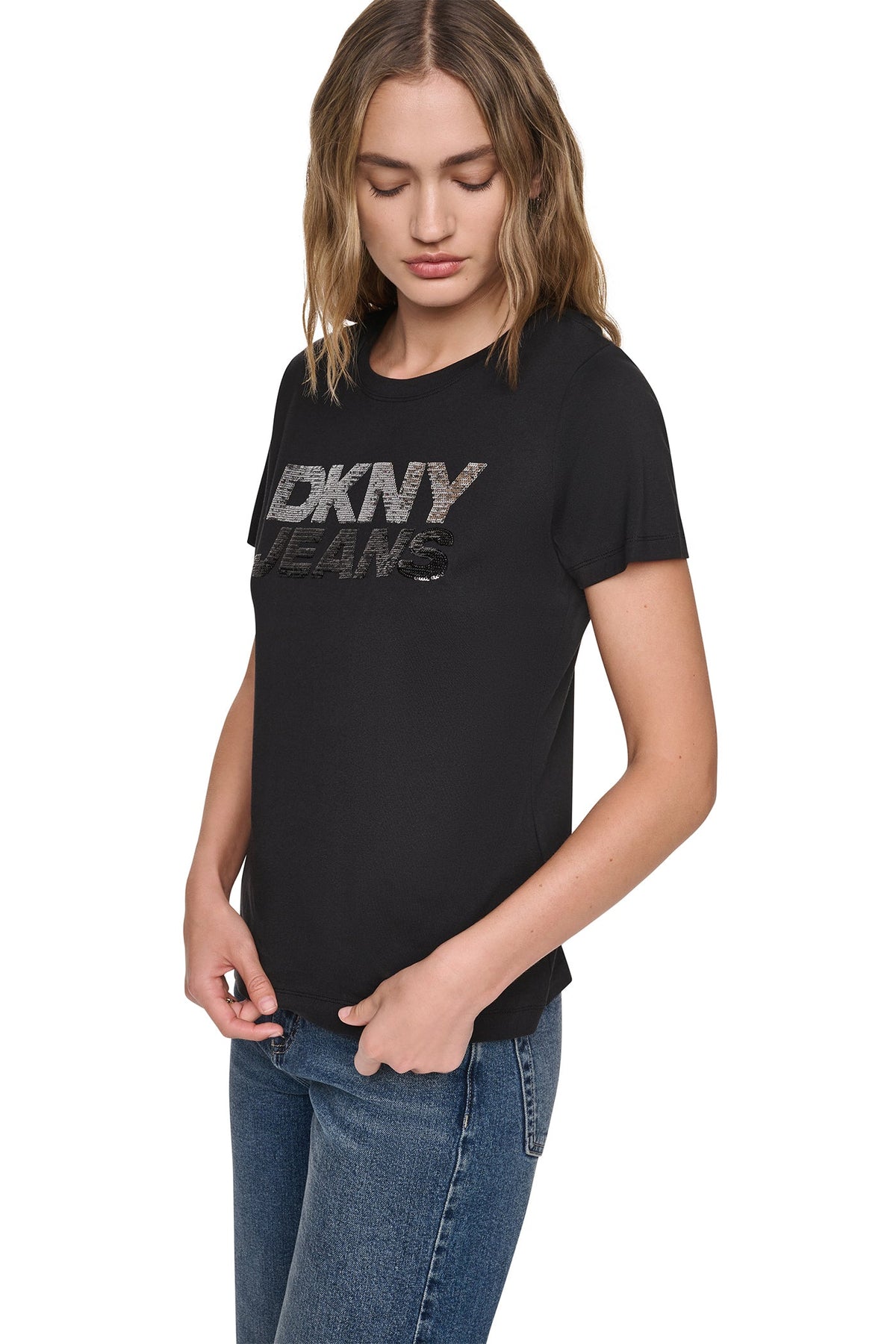 SEQUIN STACKED LOGO TEE Eggnog/Espresso | DKNY