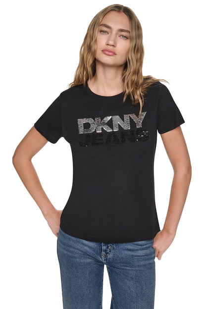 SEQUIN STACKED LOGO TEE Eggnog/Espresso | DKNY