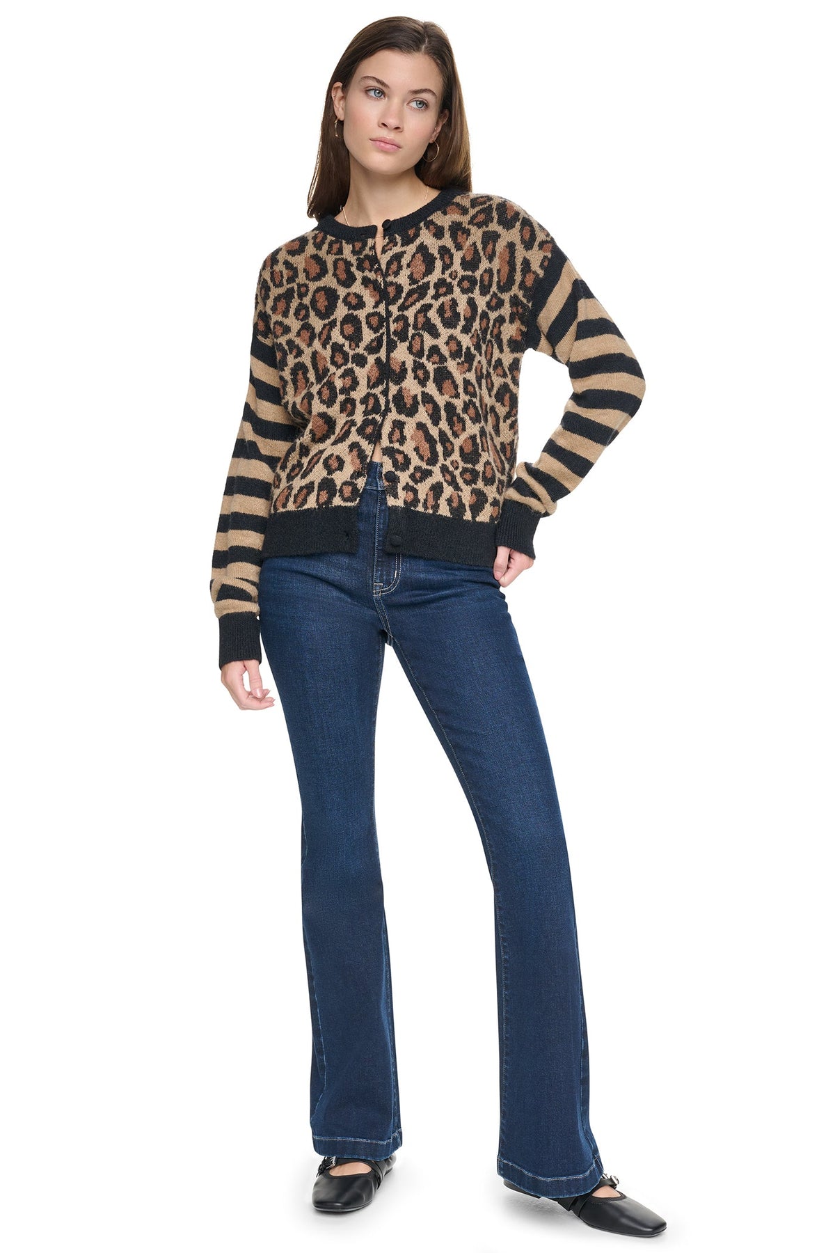 MIXED CHEETAH AND STRIPE CARDIGAN Travertine Combo | DKNY
