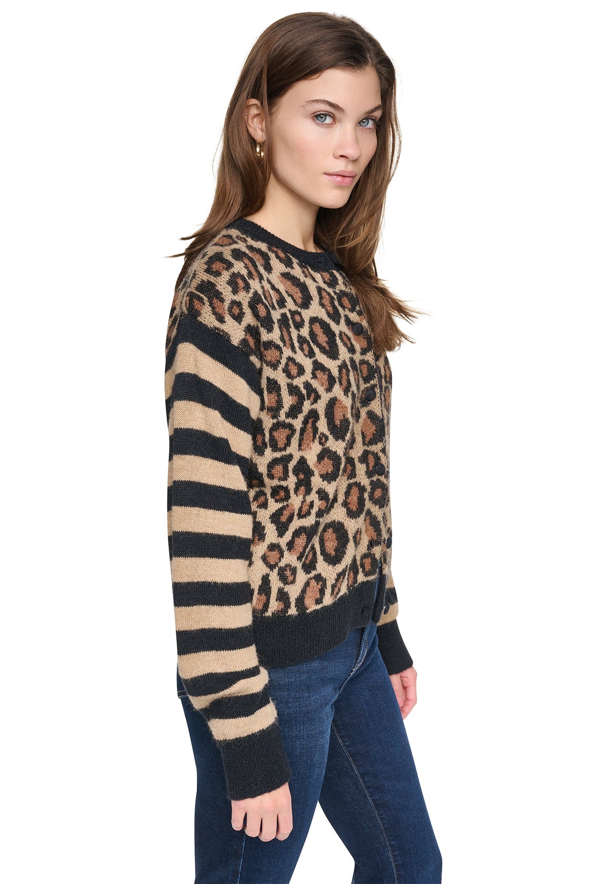 MIXED CHEETAH AND STRIPE CARDIGAN Travertine Combo | DKNY