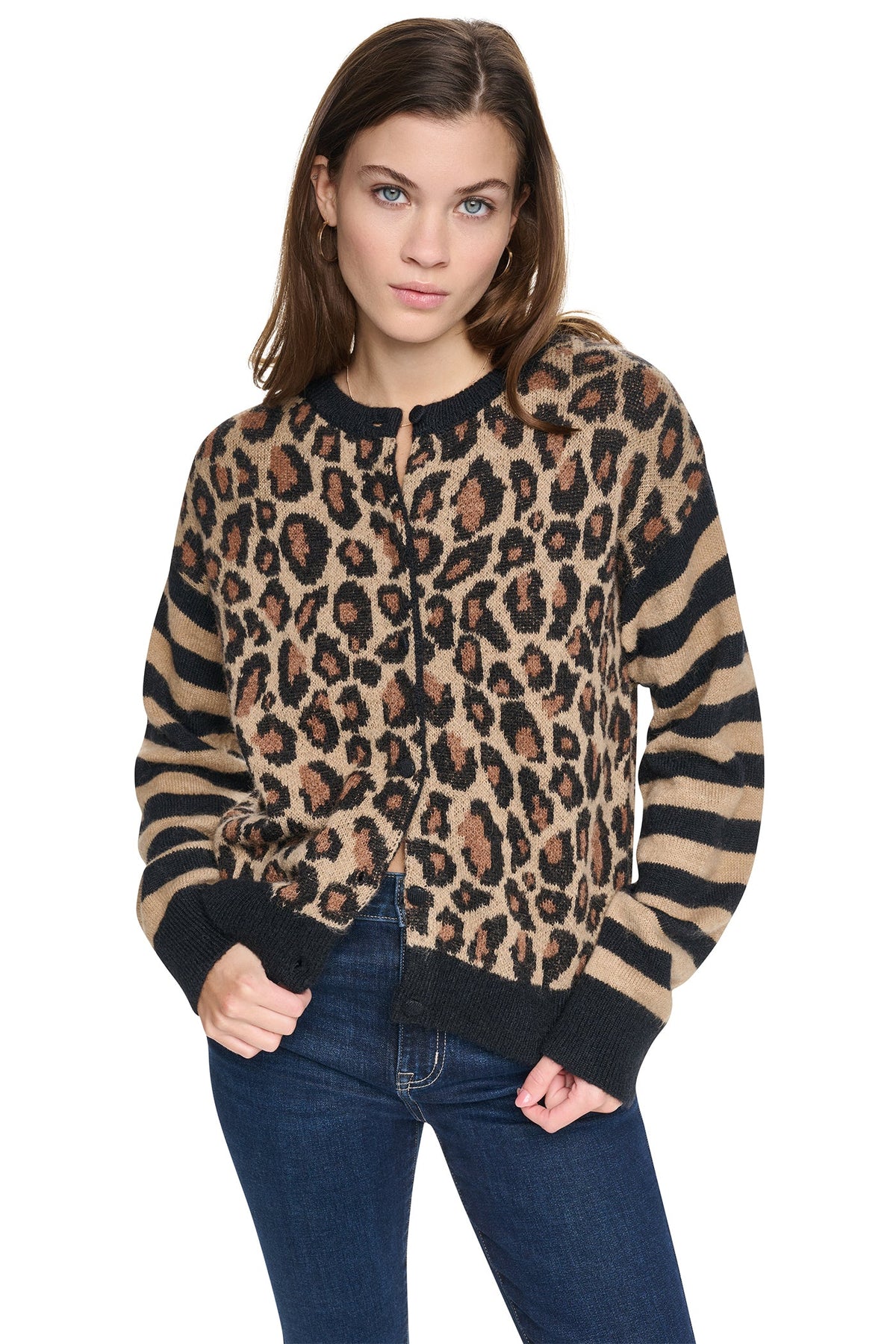 MIXED CHEETAH AND STRIPE CARDIGAN Travertine Combo | DKNY