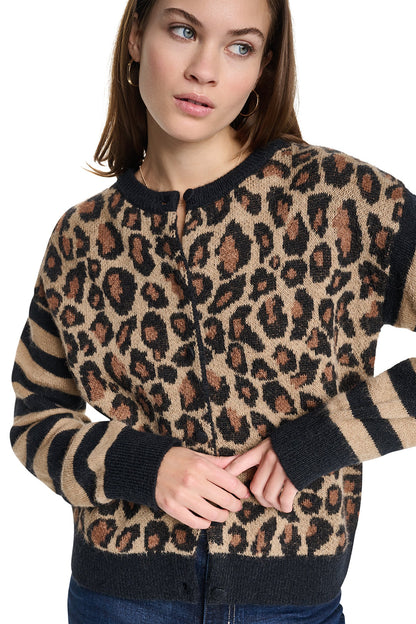 MIXED CHEETAH AND STRIPE CARDIGAN Travertine Combo | DKNY