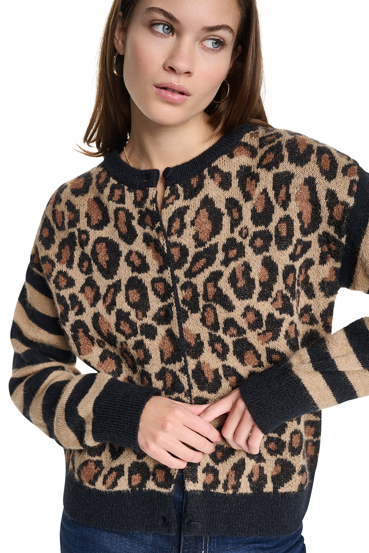 MIXED CHEETAH AND STRIPE CARDIGAN Travertine Combo | DKNY